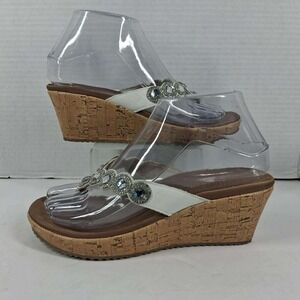 Skechers Luxe Foam White Rhinestone Cork Wedge Sandals Womens Size 9